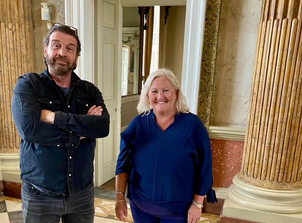 Nick Knowles is shown around Wentworth Woodhouse’s Marble Saloon by  the Trust’s Facilities Manager Julie Readman