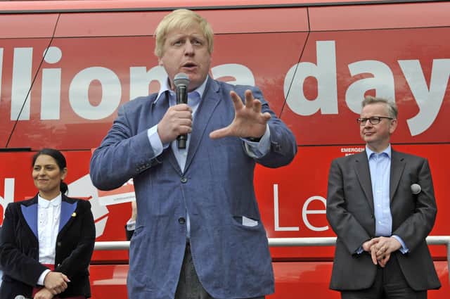 Michael Gove and Priti Patel flank Boris Johnson during the EU referendum in 2016.