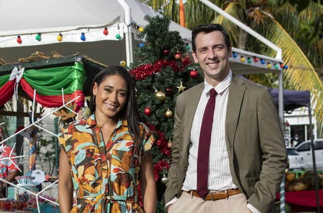 Josephine Jobert as Det Sgt Florence Cassell and Ralf Little as Det Insp Neville Parker in Death in Paradise. (PA).