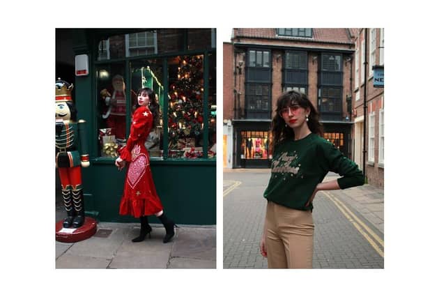 Mary Benson wears: The Flaming Heart Dress, £495, and right, limited edition Old School organic cotton jumper, £50, at MaryBenson.London.