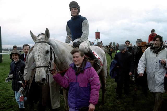 File photo dated 26-12-1990 of Desert Orchid, ridden by Richard Dunwoody, is led into the winners enclosure at Kempton Park after a then record fourth win in the King George VI Rank Steeple Chase.