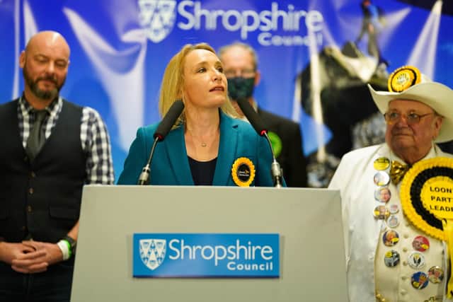 Helen Morgan of the Liberal Democrats makes a speech after being declared the winner in the North Shropshire by-election at Shrewsbury Sports Village.
