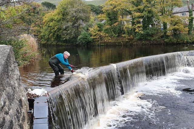 Settle Hydro volunteer works on the weir