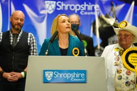Helen Morgan of the Liberal Democrats makes a speech after being declared the winner in the North Shropshire by-election at Shrewsbury Sports Village