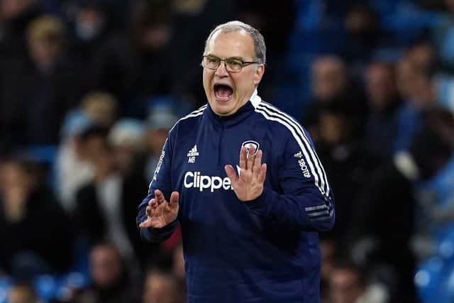 Leeds United head coach Marcelo Bielsa reacts in their 7-0 defeat at Manchester City. Picture: PA