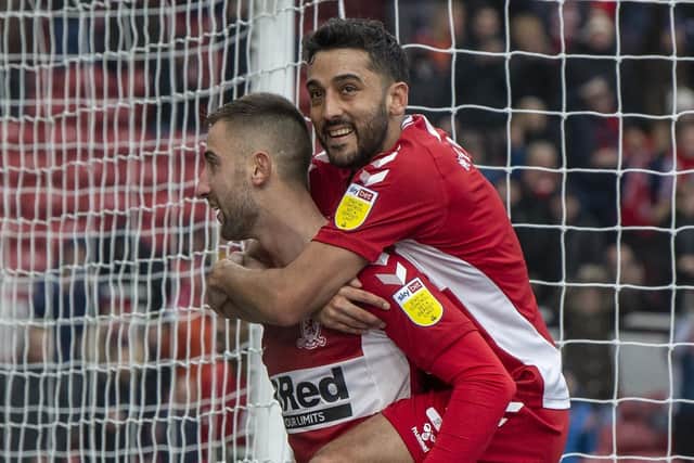 MAGIC MOMENT: Middlesbrough's Andraz Sporar, left, celebrates with Neil Taylor after scoring the winning goal from the penalty spot
 against Bournemouth. Picture: Tony Johnson.
