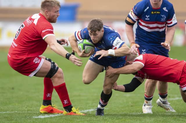 OVEr THE LINE: Doncaster Knights' Harry Davey was first to score a try against Coventry.  Picture Tony Johnson