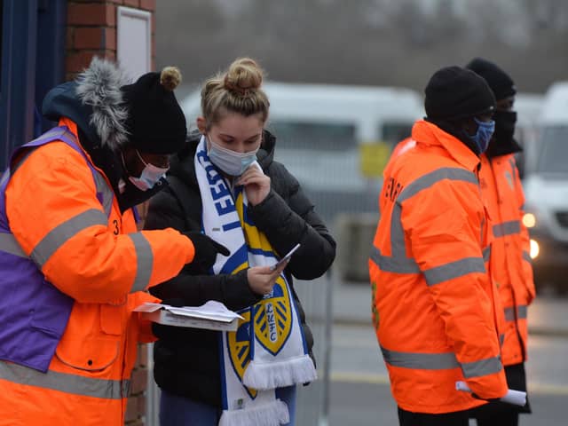 Covid passport checks at Elland Road for Leeds United's game against Arsenal on Saturday.    Picture Bruce Rollinson