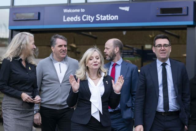 Left to right Acting Chair Councillor Louise Gittins Cheshire West and Chester, Mayor of Liverpool City Region Steve Rotheram, Mayor West Yorkshire Tracy Brabin, Mayor of North of Tyne Jamie Driscoll and Mayor of Greater Manchester Andy Burnham, outside Leeds Railway Station, following a meeting of the Transport for the North Board at the Queens Hotel in Leeds, after the Government set out its revised plans for Northern England and the Midlands.
