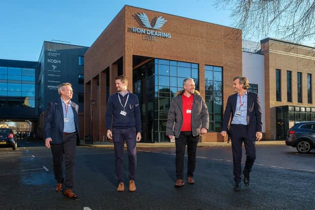 From left, Richard Shipley, Finance Director at LSTC Group, Glenn Jensen, Senior Assistant Principal and Head of Engineering at Ron Dearing UTC, Chris Murphy, Drawing Manager at Designs Signage Solutions, and Danny Laybourne, Managing Director of CDS Energy Solutions outside Hull’s employer-led school.