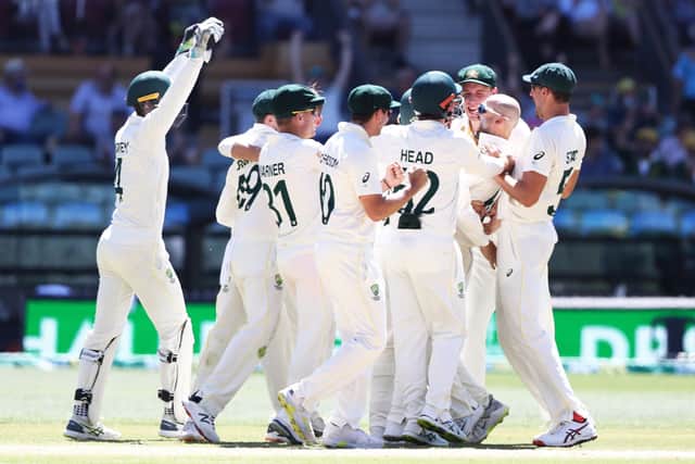 Got him: Australia's Nathan Lyon celebrates the wicket of  England's  Ben Stokes.