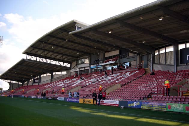 No fans allowed: A general view of the Racecourse Ground, Wrexham as all sporting events in Wales will be held behind closed doors from Boxing Day due to the surge in coronavirus cases, the Welsh government has announced.