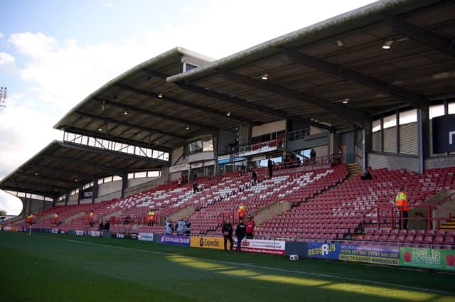 No fans allowed: A general view of the Racecourse Ground, Wrexham as all sporting events in Wales will be held behind closed doors from Boxing Day due to the surge in coronavirus cases, the Welsh government has announced.