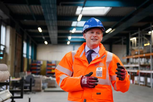 Transport Secretary Grant Shapps during a visit to the Leicester hub of Network Rail contractors SPL to see wiring gantries being built for the Midland Mainline electrification as he turns on his political - and media- critics.