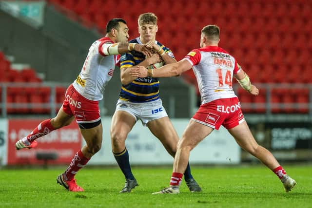 Sam Walters in possession for Rhinos against St Helens in 2020. Picture by Bruce Rollinson.
