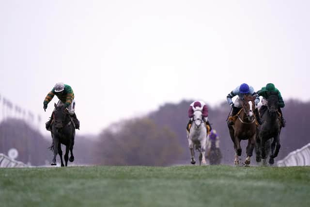 Epatante ridden by jockey Aidan Coleman (left) and  Not So Sleepy ridden by Jonathan Burke (second right) in a photo finish at the end of the Betfair Fighting Fifth Hurdle at Newcastle.