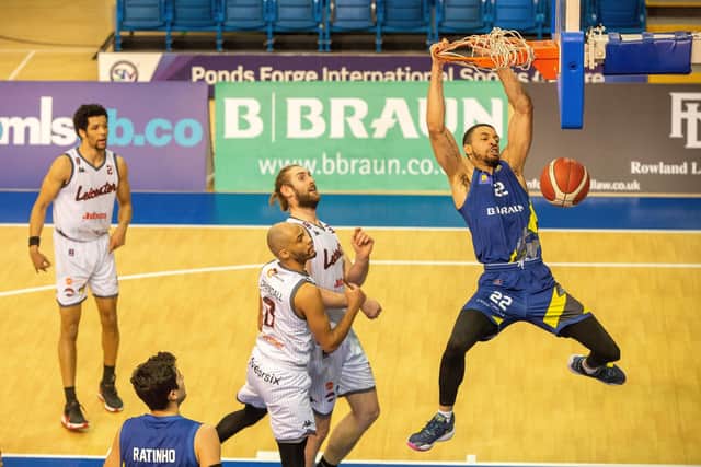 Antwon Lillard slams one in for the Sheffield Sharks against Leicester Riders. BBL earlier this year. Picture: Bruce Rollinson