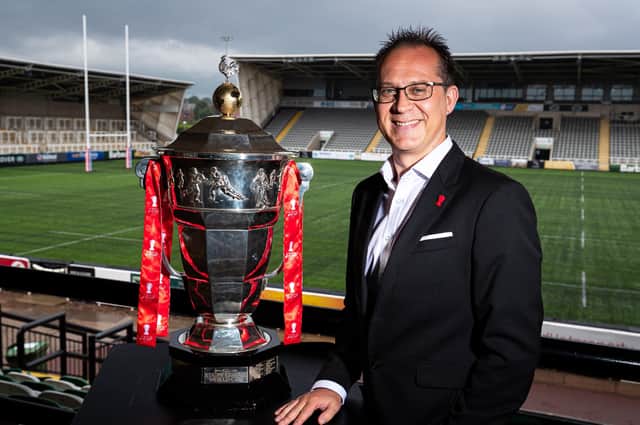 SUPPORT ROLE: RLWC 2021 chief executive Jon Dutton pictured with the Rugby League World Cup Trophy. Matt Cook will play a key role when the tournament finally takes place next year. Picture by Alex Whitehead/SWpix.com