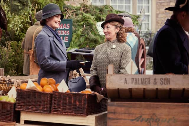 Mrs Hall (Anna Madeley) and Diana (Dorothy Atkinson) in Darrowby market square, filmed in Grassington.