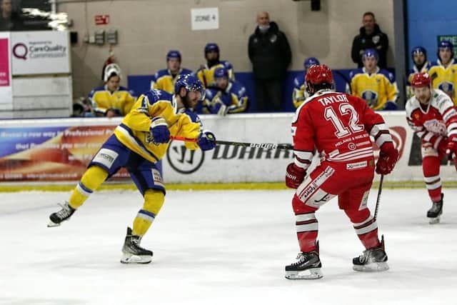 Adam Barnes fires off a shot in Friday's first leg of the autumn Cup Final in Swindon. Picture courtesy of David North/Swindon Wildcats.