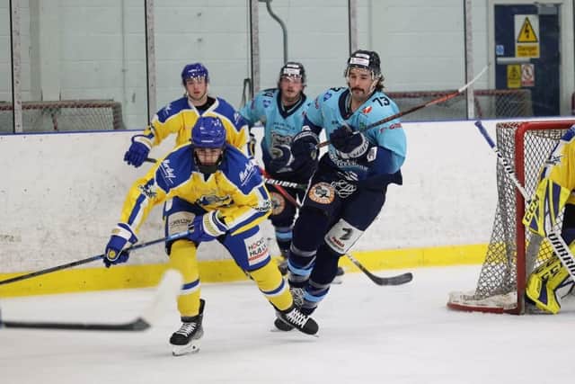 Matt Bissonnette, right, was missing for Sheffield Steeldogs on both Sunday and Wednesday after suffering an injury in Saturday's road win at milton Keynes. Picture: Pete Best/Steeldogs Media.