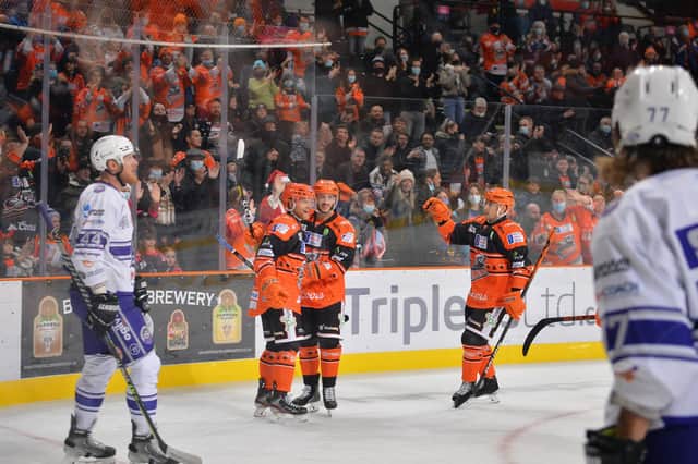 Martin Latal celebrates one of his two goals against Glasgow Clan. Picture: Dean Woolley.