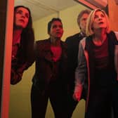 Aisling Bea as Sarah, Mandip Gill as Yasmin Khan, John Bishop as Dan, Jodie Whittaker as The Doctor. [Image: PA Photo/BBC Studios/James Pardon]