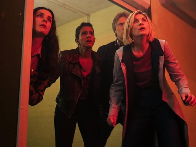 Aisling Bea as Sarah, Mandip Gill as Yasmin Khan, John Bishop as Dan, Jodie Whittaker as The Doctor. [Image: PA Photo/BBC Studios/James Pardon]