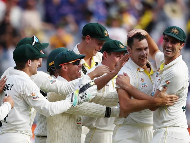 Got him: Australia's Scott Boland celebrates the wicket of England's Jack Leach.