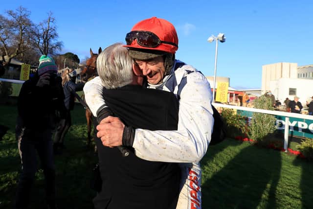 Meaningful win: Davy Russell celebrates his win at Leopardstown with owner Ronnie Bartlett. (Picture: PA)