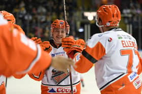 OPENING SALVO: Young forward Alex Graham celebrates opening the scoring for Sheffield Steelers at Nottingham Panthers on Monday. Picture: Karl Denham/EIHL.