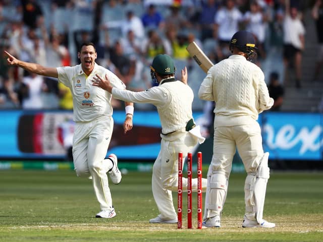 Australia's Scott Boland celebrates the wicket of England's Jack Leach during day two in Melbourne. Picture: Jason O'Brien/PA