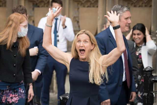 Newly elected Labour MP for Batley and Spen, Kim Leadbeater is welcomed to the House of Commons by party leader, Sir Keir Starmer in Westminster, London.