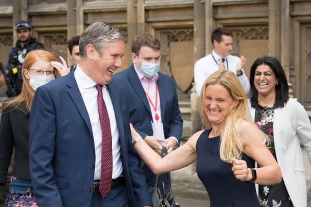 Newly elected Labour MP for Batley and Spen, Kim Leadbeater is welcomed to the House of Commons by party leader, Sir Keir Starmer in Westminster, London.