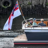 Imelda Staunton and other cast members are seen on a boat made to look like a Royal yacht tender in the harbour during filming for the Netflix series "The Crown" on August 2, 2021 in Macduff, Scotland. (Photo by Peter Summers/Getty Images)