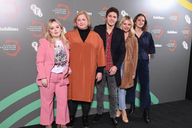 The cast of Derry Girls: Nicola Coughlan, Siobhan McSweeney, Dylan Llewellyn, Saoirse-Monica Jackson and Louisa Harland. (Photo by Jeff Spicer/Getty Images)