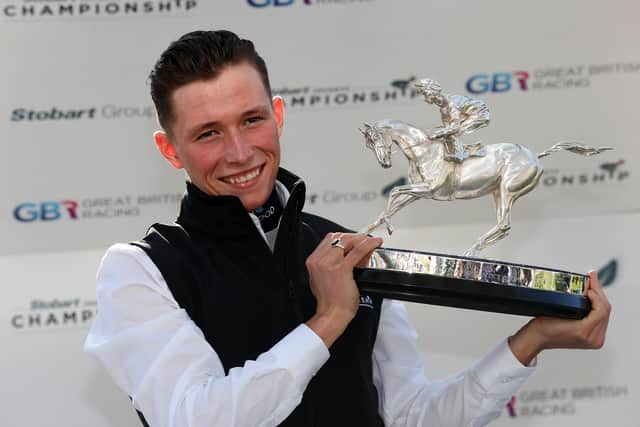 Jason Watson, pictured with his 2018 champion apprentice trophy, is getting his career back on track after teaming up with North Yorkshire trainer David O'Meara.