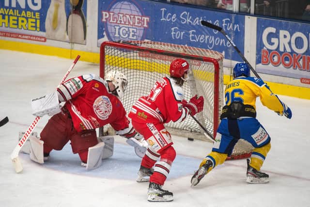 CUP HOPE: Matty Davies scores for Leeds Knights in the second leg of the Autumn Cup Final against Swindon Wildcats, the Wiltshire team eventually winning 8-6 on aggregate. Picture: Bruce Rollinson