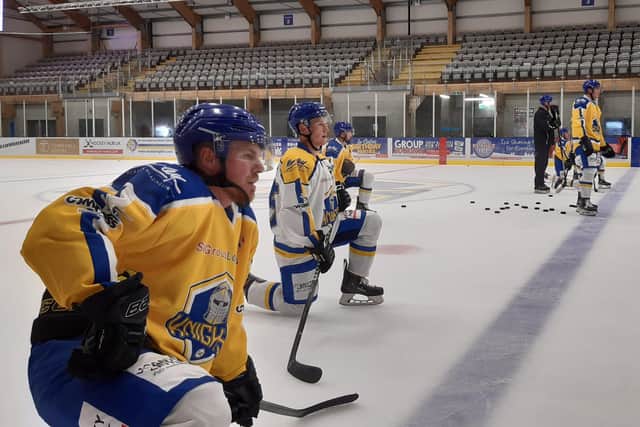 BACK AT IT: Matty Davies, left, at a Leeds Knights practice session at Elland Road Ice Arena.