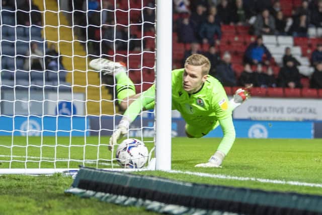 LEVELLER: Blackburn Rovers goalkeeper Thomas Kainski can't stop the ball creeping in from Carlton Morris's deflected shot on the stroke of half-time at Ewood Park.  Picture: Tony Johnson