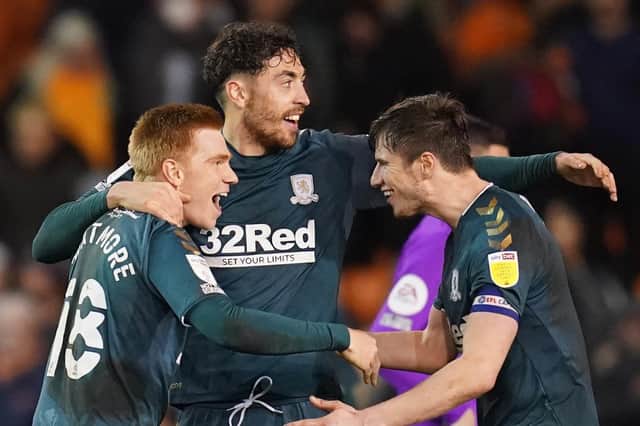 Middlesbrough's match winner Duncan Watmore celebrates with Matt Crooks and Paddy McNair after the Sky Bet Championship match at Bloomfield Road, Blackpool. Picture: Nick Potts/PA Wire.