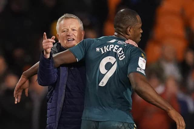 Middlesbrough manager Chris Wilder (left) celebrates with Uche Ikpeazu after the 2-1 Championship win at Blackpool. Picture: Nick Potts/PA Wire.