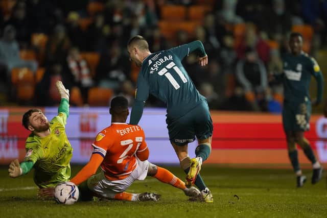 Middlesbrough's Andraz Sporar (centre) back heels in his side's first goal in the 2-1 Championship win at Blackpool. Picture: Nick Potts/PA Wire.