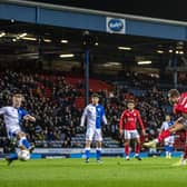 GET IN: Barnsley's Carlton Morris, far right, fires home an equaliser on the stroke of half-time at Ewood Park, but the hosts were to go on and win the game.  Picture: Tony Johnson