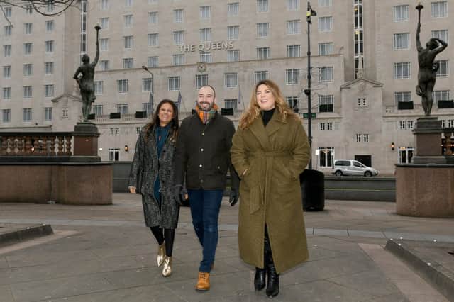 Having a ball: Sandra Patel-Stewart, Mike Quate and Elly Nettleton outside the Queens.