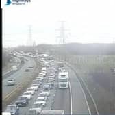 Queueing traffic between J32 and J31 of the westbound carriageway due to the vehicle fire (Photo: Motorway Cameras)