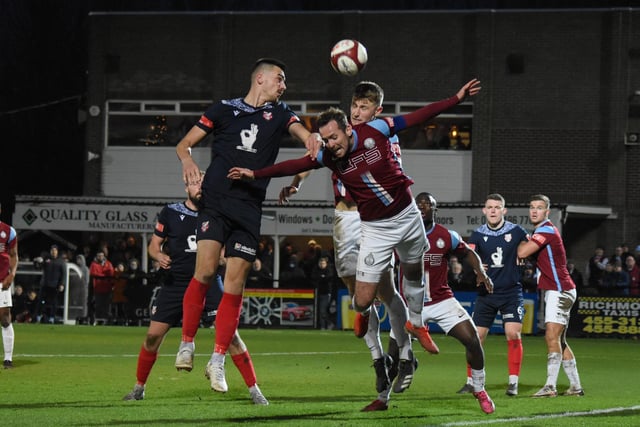 Will Thornton looks to win a header for Boro at Mariners Park