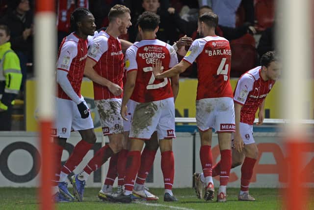 Michael Smith celebrates his second goal as Rotherham United beat Bolton Wanderers. (Picture: Bruce Rollinson)