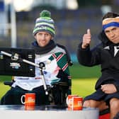 Kevin Sinfield, with Rob Burrow (left), is interviewed at Headingley Stadum after completing the Extra Mile Challenge from Leicester to Leeds on November 23, 2021. Picture: Zac Goodwin/PA Wire.