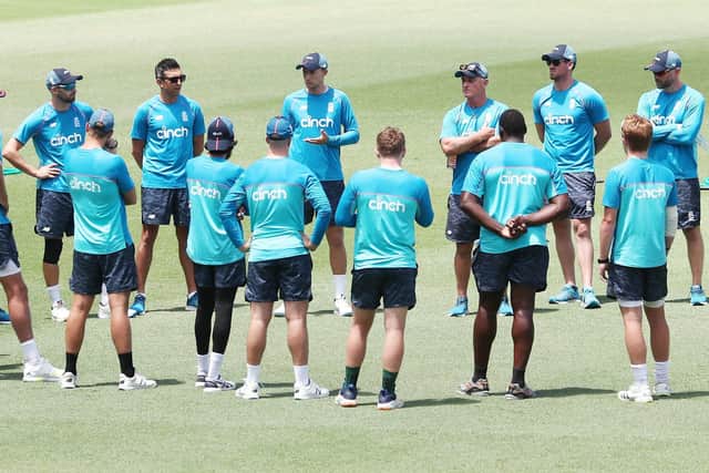 England players gather in a huddle to listen to stand-in head coach Graham Thorpe during a nets session at the Sydney Cricket Ground Picture: Jason O'Brien/PA
